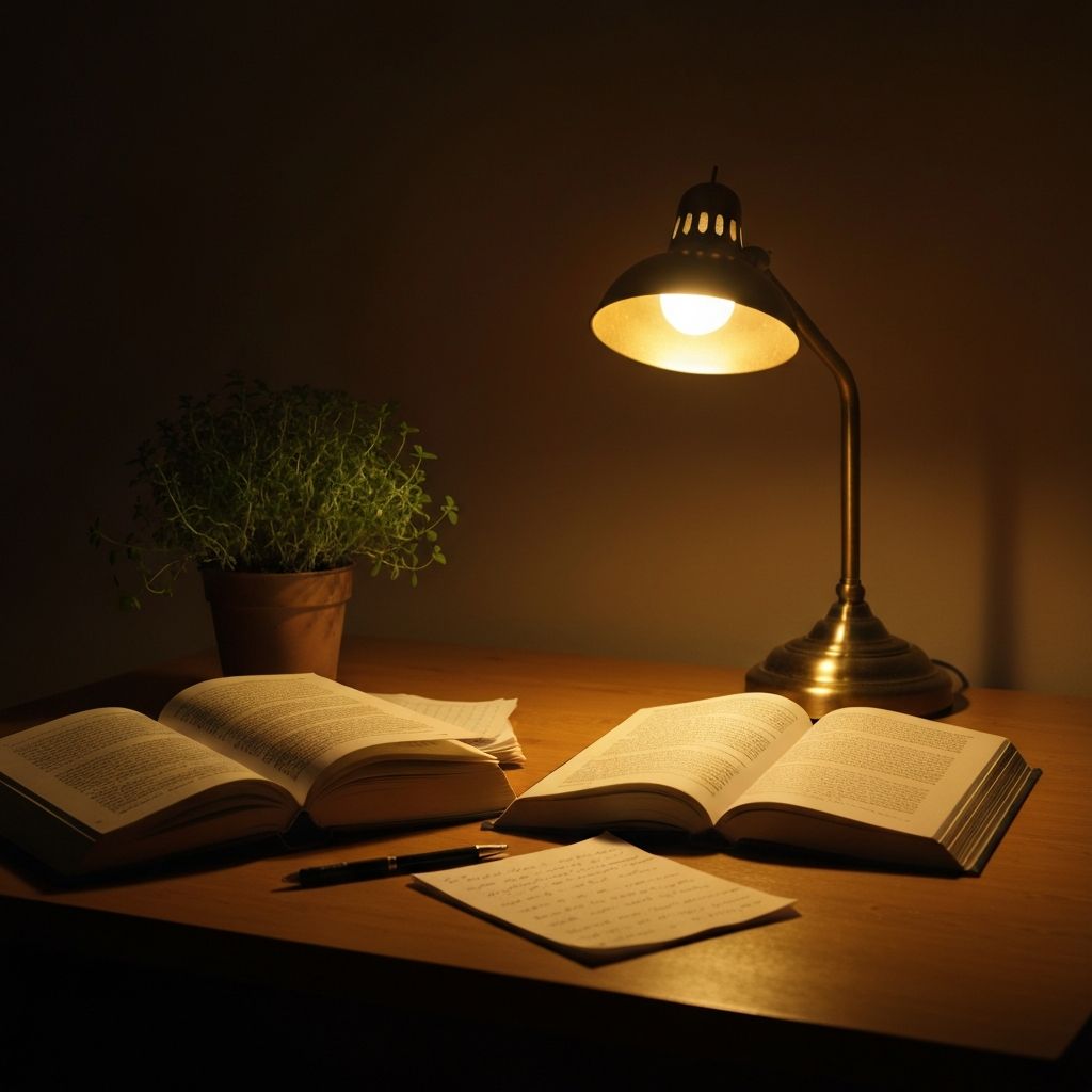 Open books and handwritten notes on a wooden desk beside a potted herb plant